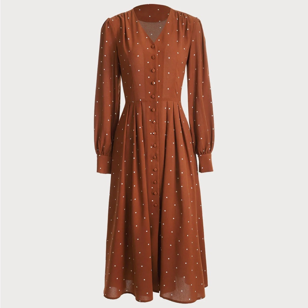 Rihoas Brown Polka Dot Pleated Midi Dress - Picture 4 of 7